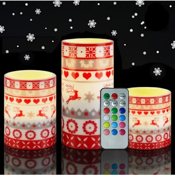 Jul Älg LED-ljus Batteridriven med 18-knapps Timer, Äkta Vax Pelarljus Varmt Ljus, Älgdekal Gåva (3-pack)[co]