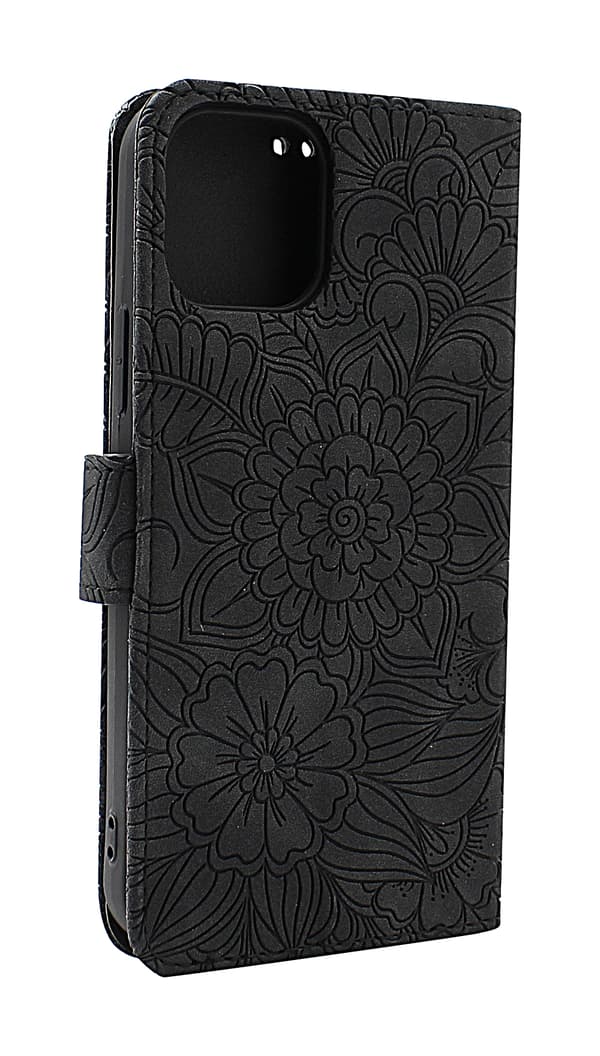 Blomster Standcase Lommebok iPhone 12 / 12 Pro (6.1) Aqua