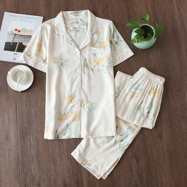 Dambyxor, kortärmade bomullsbyxor Set japanska lapel cardigan Pyjamas Loungewear, gul, L