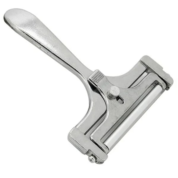 Ostehøvl med rulle og skæretråd, variabel skivetykkelse, rustfrit stål/aluminium, vintage design, roterende høvl, sølv