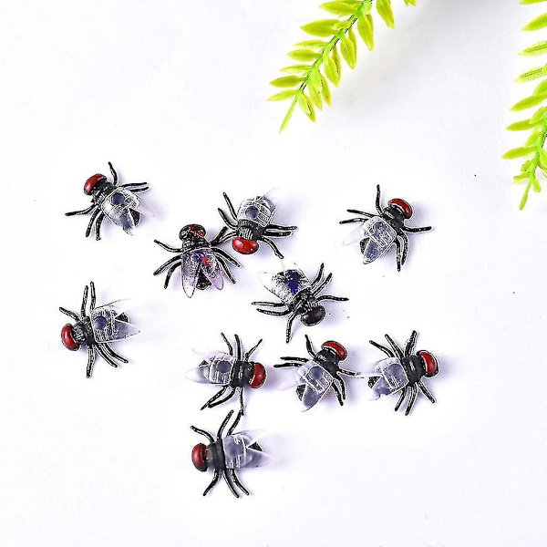 100 stk. falske fluer i plast, simulerte insekter, fluer, spøkefuglleker, spøkefugler, halloween-rekvisita, festartikler
