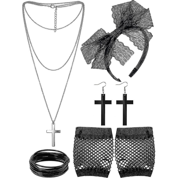 80s Costume Accessories, Lace Headband, Earrings , Fishnet Gloves & Necklace Bracelet (black)