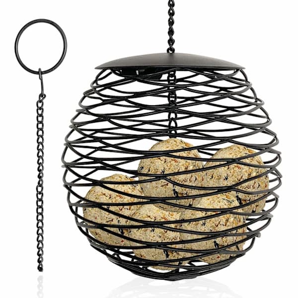 Fettkuglefuglefoder Stor Kapacitet Hængende Vildfugleholder til Finke Kardinal Spætte Spurv Rødhals, Diameter 13cm, Metal, Sort[CO]