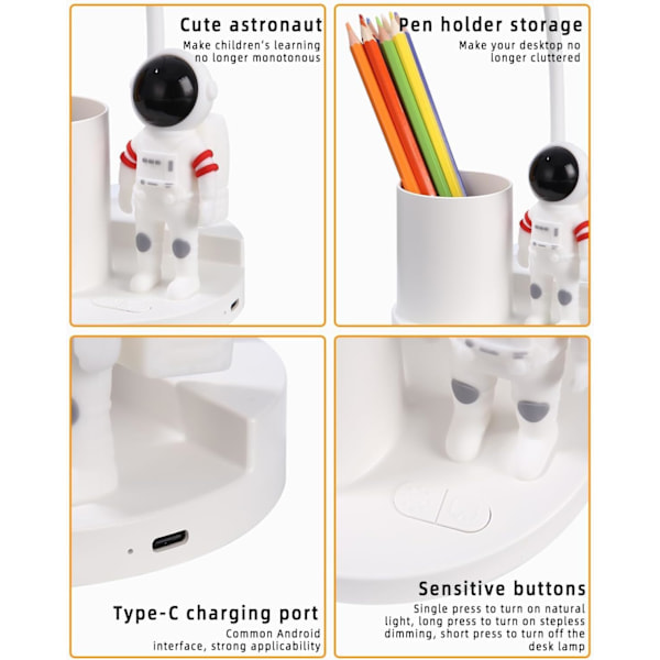 LED Skrivebordslampe, Dimbar Bordlampe med Penneholder og Projeksjon, USB Barneskrivebordslampe 3 Lysstyrkenivåer, Dimbar Bordlampe for Studier