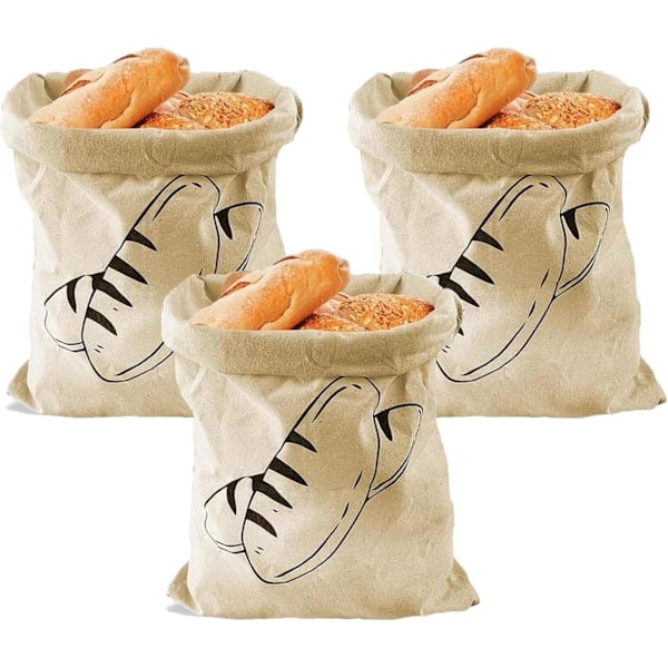 3 st Brödpåsar, 30 × 40 cm Tyg Brödpåsar, Återanvändbara Linne Brödpåsar med Dragsko, Brödförvaringspåse för Bröd, Frukt och Grönsaker
