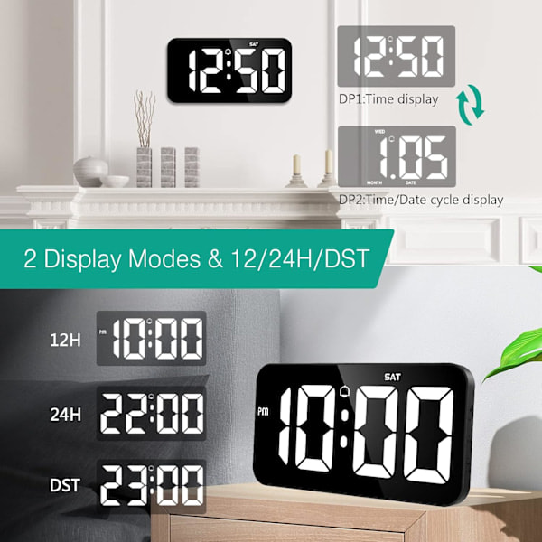 Digital väggklocka, 25 cm stor LED-digital väckarklocka, 10 cm siffra, sommartid kalenderklocka, väckarklocka, 5 ljusstyrkenivåer.