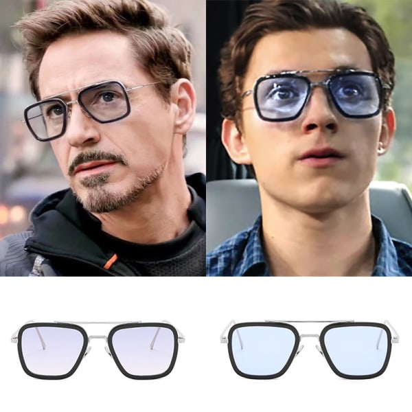 Stålsolglasögon Europeisk och amerikansk trend Robert Downey Jr. Herrpersonlighet dubbelstrålesolglasögon, 150 MM, Silverram Ljusblå film