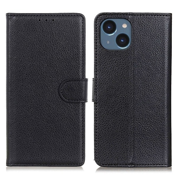 iPhone 15 Plus Cover Litchi Læder Sort