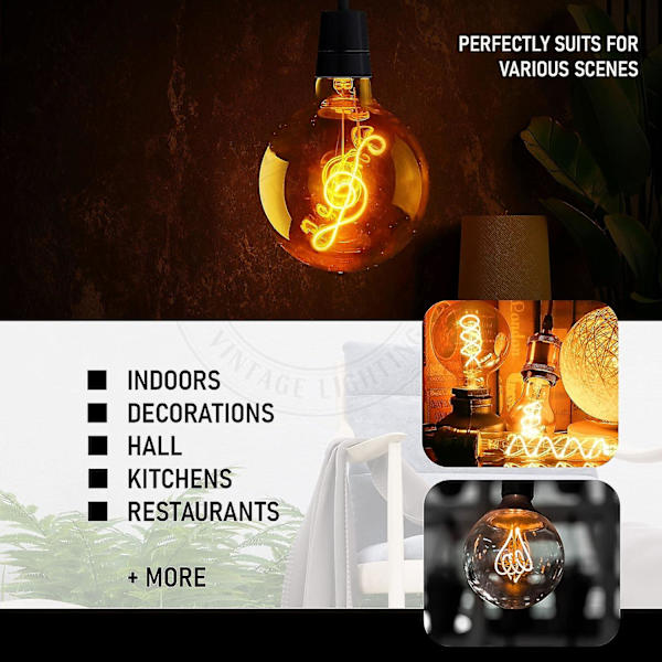 Edison LED-pære 4w, E27-skruepære Retro Old Fashioned LED-musiknote Filamentglas Antiklampe skaber smukt design (g125 Musik)