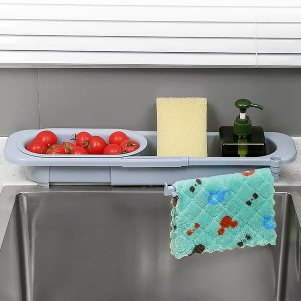 Retractable Hollow Drain Hanger Rod Sink Rack Plastic Sponge Holder Kitchen Sink Blue Grey