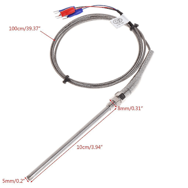 Ammattimainen Pt100-termoelementti M8-ruuvikierteellä, pituus 1 metri - anturi 5 mm x 100 mm