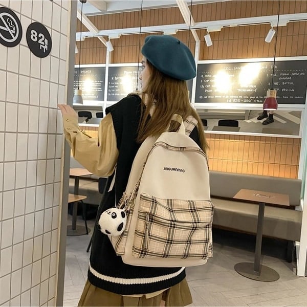 Skoltaske - Ternet rygsæk med 1 gratis sød panda-charm, (Beige)