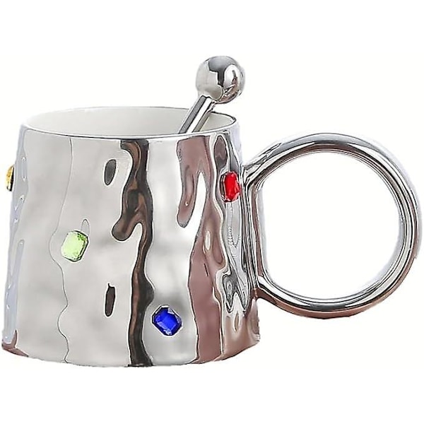 Färgglad ädelstensmugg i silver, konstnärlig lyxig zirkonkeramik vatten/kaffekopp med stort handtag och konkav konvex kropp, unik festlig gåva 300 ml