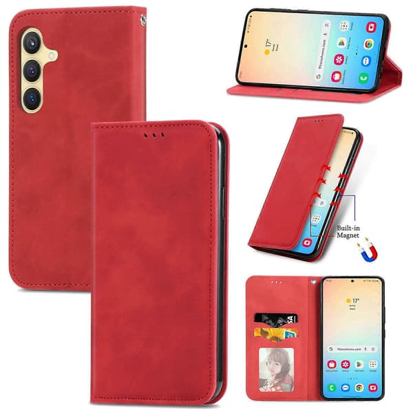 Retro Magnetic Leather Case with Skin Feel Red
