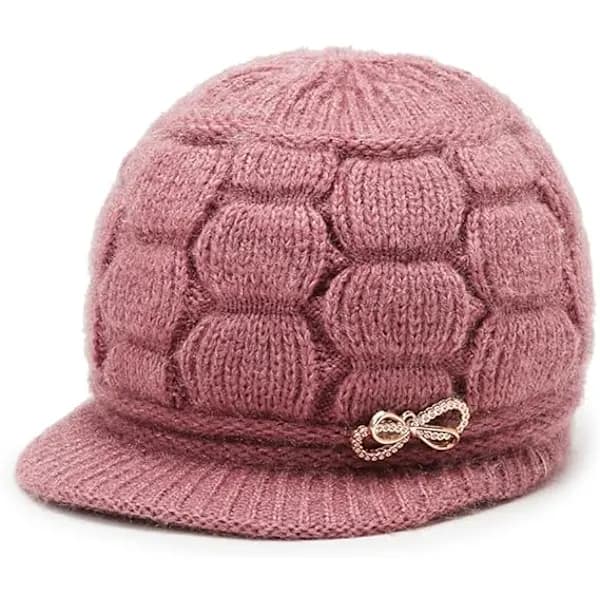 Rosa solhatt for kvinner - varm vinterhatt foret med strikket elastisk ull[CO]