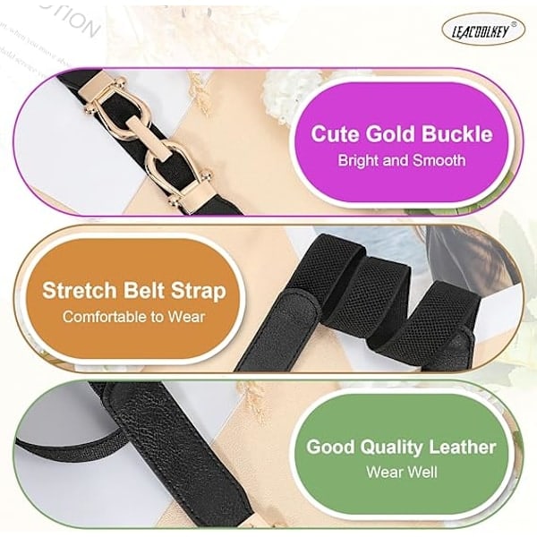 Elastisk skinny-belte for damekjoler, tynt retro stretch-midjebelte med gyllen spenne