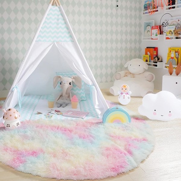 Regnbågsformad fluffig matta för flickrum 4ft, enhörningsrumsinredning, pastellfärgad rund matta för barn, lurvig matta för barnrum, mjuk le...