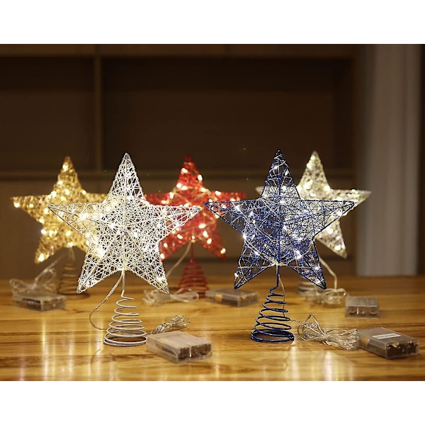 Juletrær Topper Stjerne, Juletrær Toppdekorasjoner med Varm Hvit Led Lys og Timer Funksjon, Uthulet Glitrende Stjerne for Hjem og Kontorinnredning, 8 X 10 Tommer Rose Gull