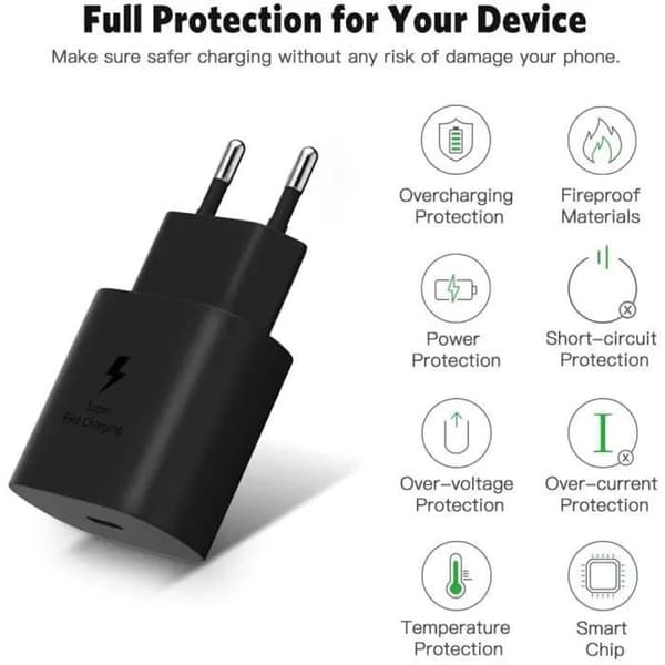 Fast Charger 25W - compatible with iPhone - USB-C - 60W cable - Black - 1 meter - e.f.connection Svart