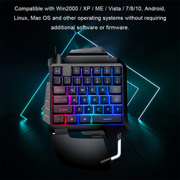 Enhånds membran gaming tastatur RGB baggrundsbelyst bærbar mini game Black 18*25cm
