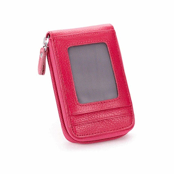 Premium läder Slim Zipper Business/Kreditkortsfodral Hållare med tydlig fotoplats, Säkerhetsreseplånbok (Röd)