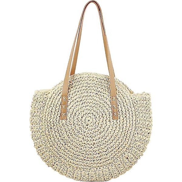 Håndvesker av halm til kvinner, håndvevde runde vesker av maisstrå, naturlige, elegante håndvesker, store sommerstrandvesker, vevde håndtak, skuldervesker