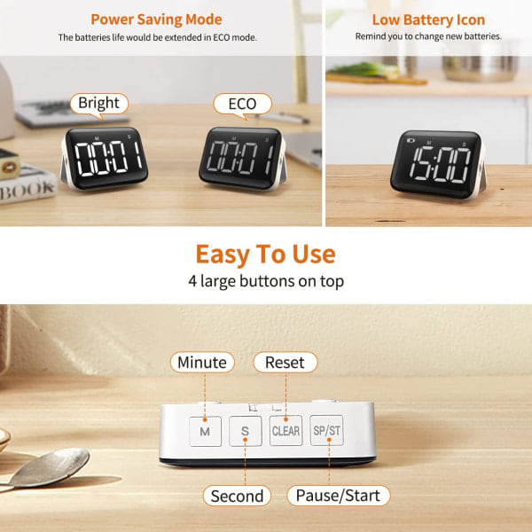 Kjøkken Timer for Matlaging med Opptelling Nedtelling, Digital Timer Batteridrevet