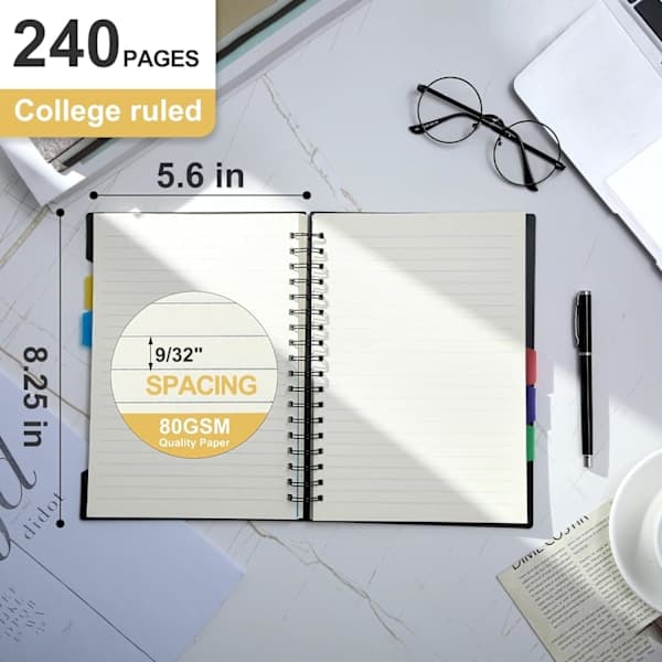 Spiral Notebook for Work, 120 Pages, Spiral Pad, College Ruled with Tabs, A5 Size