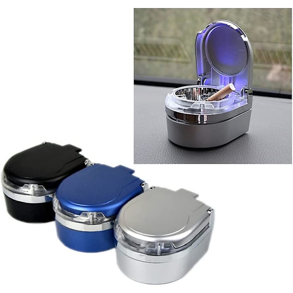 Bärbar askkopp för bil med lock, universell askkopp för bil med blå LED-lampa, luktfri askkopp för bil