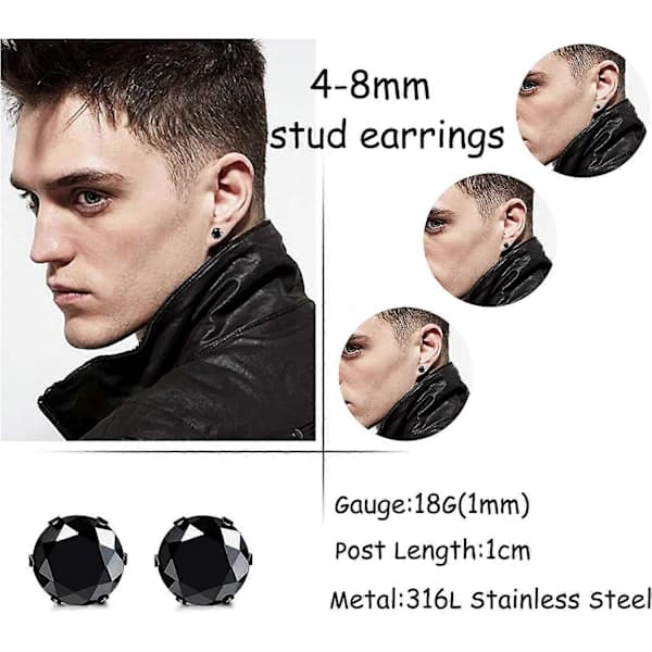 4-6 Par Ståløreringe med Cubic Zirkonia til Mænd Kvinder Runde Øreringe Sort 3-10mm D1: 6 Par*6mm -[CO]