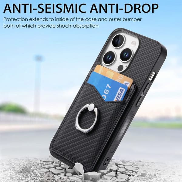 iPhone 16 Pro-deksel med kortspor + ring, karbonfibertekstur