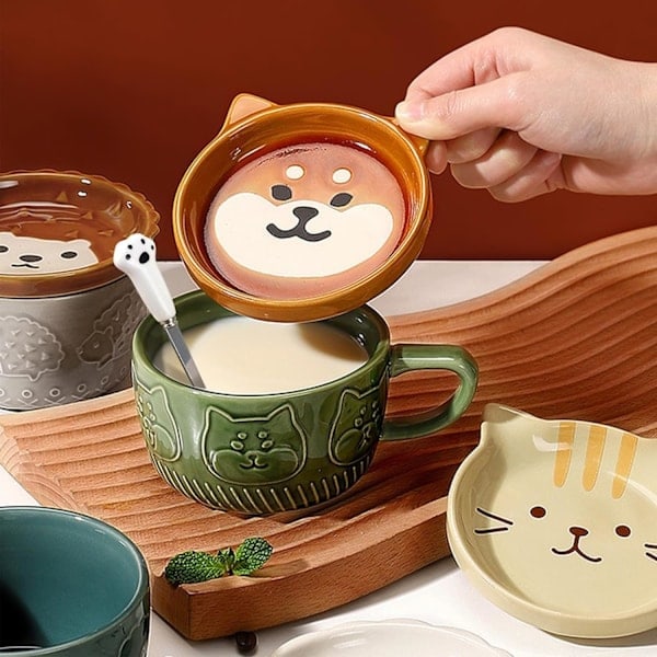 Söt Kawaii Rosa Katt Kaffekopp med Lock, Gåva till Flickor, Nyhet Djur Kaffe Keramisk Te Kopp Desserttallrik Set (hund)