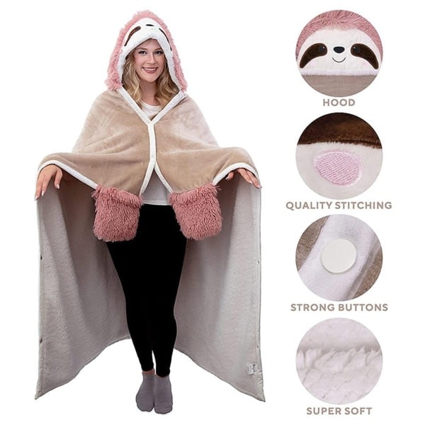 Bærbar dovendyr hettepledd for kvinner, mykt flanellpledd med hette for voksne, koselig fluffy TV-pledd, oversized dyrehettegenser