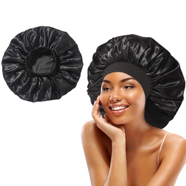 Hårhuv för sömn, brett elastiskt band satinhuv, satinmjuk cap, Silkeshatt för lockigt hår för hårvård (svart)