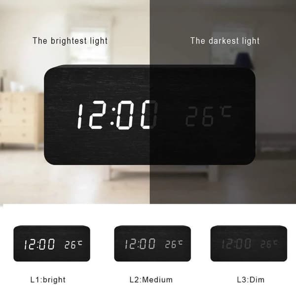 Digital väckarklocka med LED-display, temperatur och datum, 3 larm, justerbar ljusstyrka, för sovrum, svart, 15 x 7 x 4 cm
