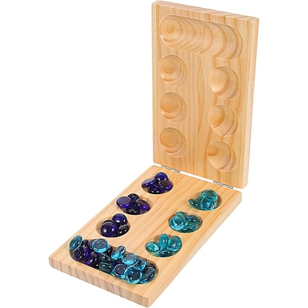 Mancala brädspel leksaksset: Roligt spel med träbräda, färgade glasstenar, förvaringsväska, lövträ, hopfällbart spelbräde för hela familjen