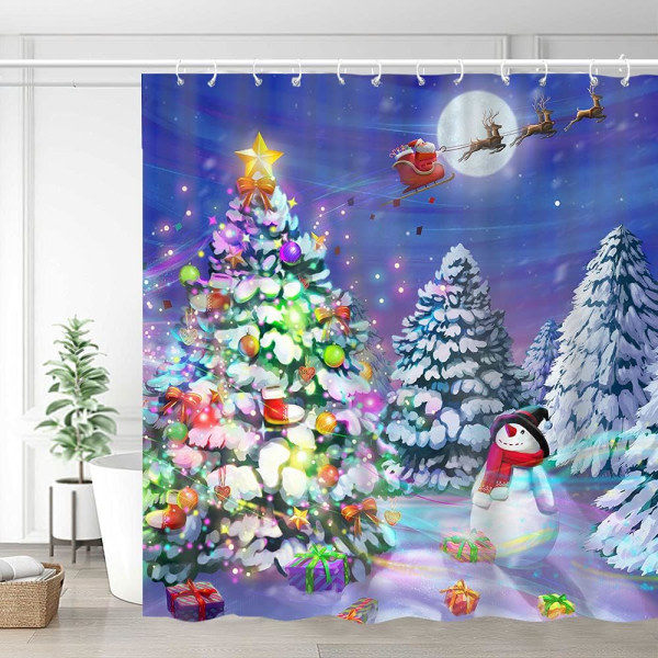 Rolig Jule Dusjforheng Sett, Vinterskog Snømann Juletre Måne Reinsdyr Baderomsgardin Blå Dekorative Stoffgardin 182 x 182 cm