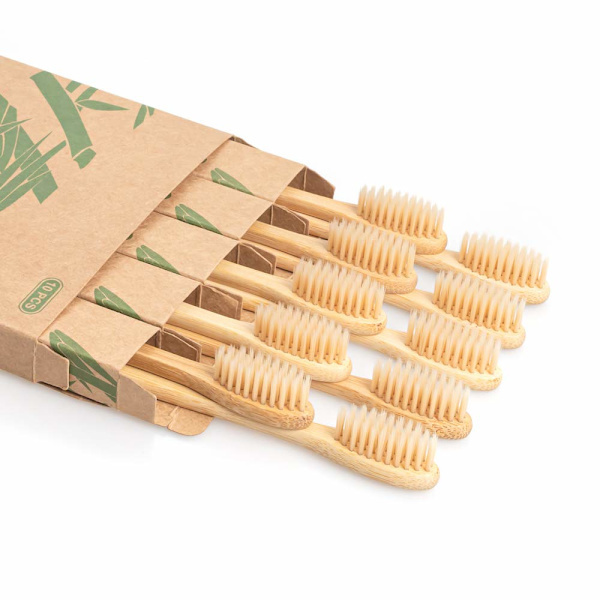 Bambustandborste, 10-pack biologiskt nedbrytbara trätandborstar, Naturlig