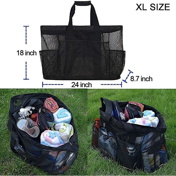 Oversized strandtaske, XL netpose med lynlås og lommer, perfekt til familieture til stranden SORT