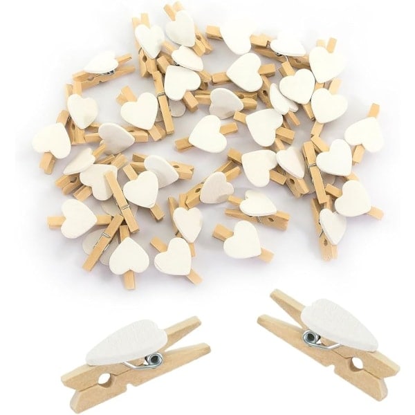 Clothes Pegs - 50 Small Wooden Photo Pegs, Mini Heart Shaped Wood