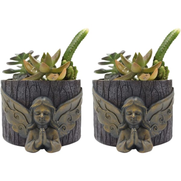 Set Of 2 Resin Flower Pots For Succulents - Bonsai - Little Angel - For Living Room, Office - Office Decoration