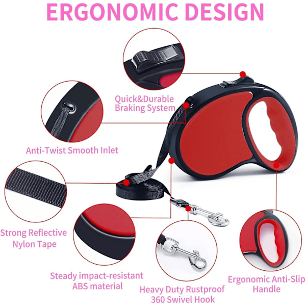 Inntrekkbar hundeleie, 5m/16ft uttrekkbar hundeleie 360tangle-fri glatt og slitesterk nylonbånd med sklisikkert håndtak, enhåndsbrems (rød)