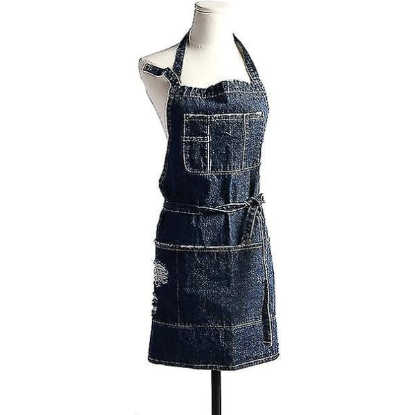 Denim Apron, Unisex Adjustable Bib Apron With Pockets For Cooking Kitchens Short Dark Blue