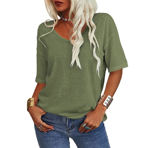 Kvinde Mode V-hals Halv ærmer Oversized T-shirt Solid Casual Løs Basic Toppe XL