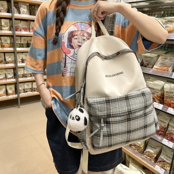 Skoltaske - Ternet rygsæk med 1 gratis sød panda-charm, (Beige)