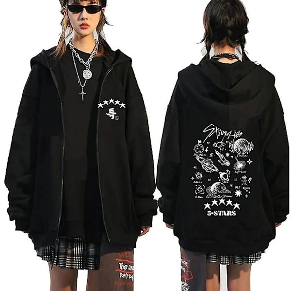 Kpop Stray Kids 5 Star Art Musik Album Lynlås Hættetrøje Korea Stil Mode Lynlås Sweatshirt Mænd Kvinder Casual Pullover Rocks Sort