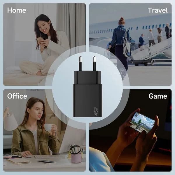 Fast Charger 45W - Black - USB-C Cable 1M - Compatible with Samsung A16 A17 A36 A56 - E.F.CONNECTION Svart
