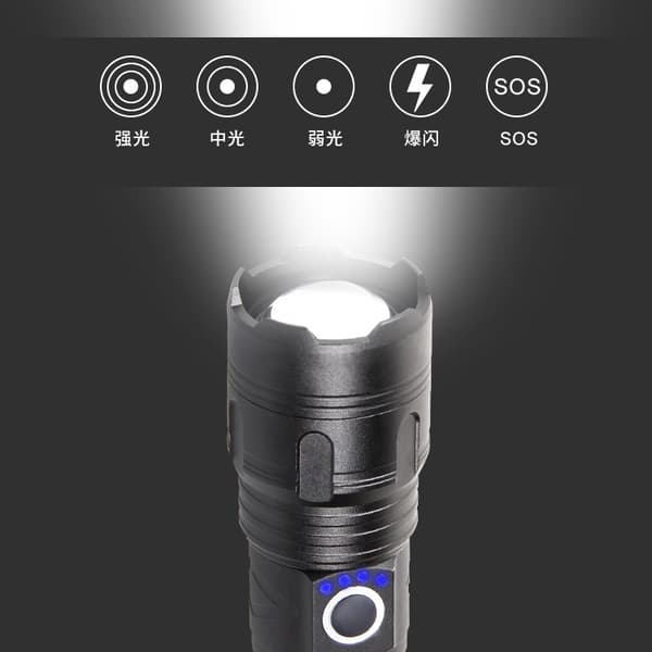 LED-lataus, kirkas valo, teleskooppitarkennus, USB-lataus