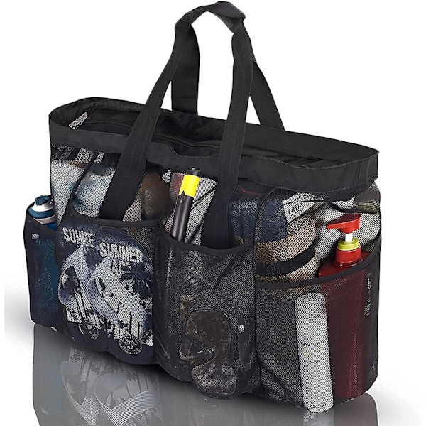 Oversized strandtaske, XL netpose med lynlås og lommer, perfekt til familieture til stranden SORT