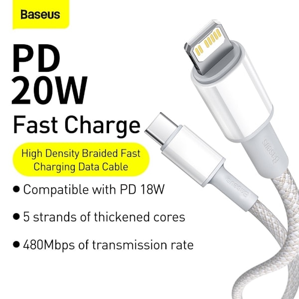 BASEUS 2m 20W PD Type-C - Lightning Flätad Nylonkabel - Vit